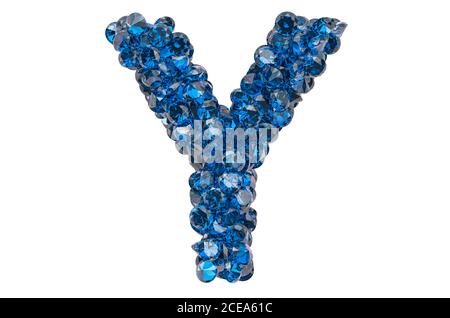 Buchstabe Y aus blauen Diamanten oder Saphiren mit Brillantschliff. 3D-Rendering auf weißem Hintergrund isoliert Stockfoto