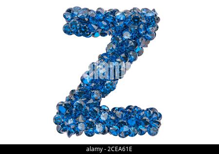 Buchstabe Z aus blauen Diamanten oder Saphiren mit Brillantschliff. 3D-Rendering auf weißem Hintergrund isoliert Stockfoto