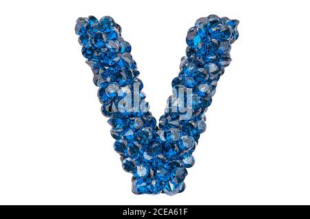 Buchstabe V aus blauen Diamanten oder Saphiren mit Brillantschliff. 3D-Rendering auf weißem Hintergrund isoliert Stockfoto