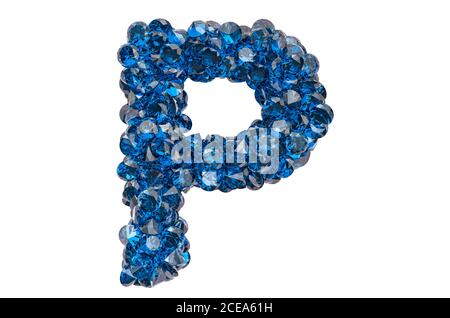 Buchstabe P aus blauen Diamanten oder Saphiren mit Brillantschliff. 3D-Rendering auf weißem Hintergrund isoliert Stockfoto