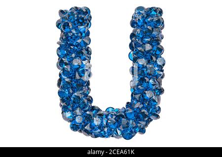 Buchstabe U aus blauen Diamanten oder Saphiren mit Brillantschliff. 3D-Rendering auf weißem Hintergrund isoliert Stockfoto