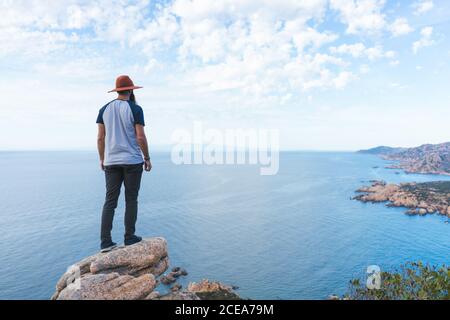 Rückansicht des bärtigen Mannes im Hut, der am Meer auf Stein steht und wegschaut. Stockfoto