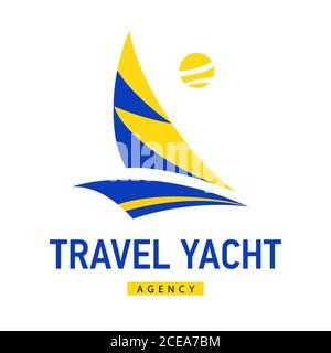 Hellblaues Reisezeichen. Design moderne Logos Segelboot für Business. Vektorlogotyp auf weißem Hintergrund isoliert. Stock Vektor