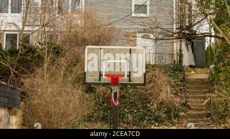 Ein Basketball-Netz, das vor einem überwucherten Vorland hängt Zu Hause Stockfoto