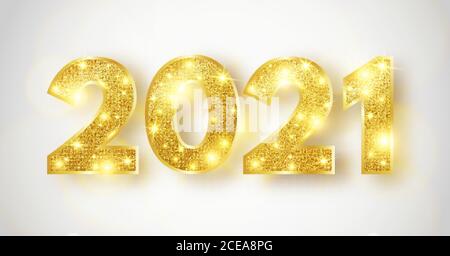 2021 Frohes neues Jahr Banner. Luxuriöse Grußkarte mit Gold funkelnden Zahlen. Heller Feiertagshintergrund. Weihnachtsdekoration. Design-Elemente für Partys Stock Vektor
