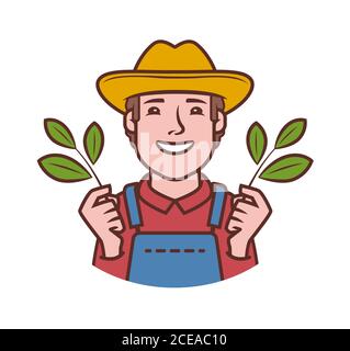 Happy Farmer Logo. Landwirtschaft, Landwirtschaft, natürliche Ernährung Symbol Stock Vektor