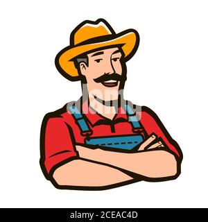 Lustige Farmer mit Hut-Logo. Landwirtschaft, landwirtschaftliches Konzept Stock Vektor