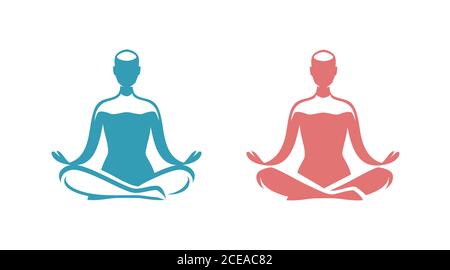 Yoga-Logo. Mann, der im Lotussymbol sitzt Stock Vektor