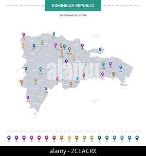 Dominikanische Republik Karte mit Positionsmarkierungen. Infografik Vektorvorlage, isoliert auf weißem Hintergrund. Stock Vektor