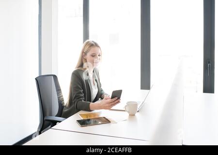 Junge, elegante, blonde Frau, die bei Tageslicht mit einem Laptop und einer Kaffeetasse auf dem Smartphone am Tisch sitzt Stockfoto