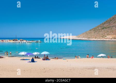 Erstaunlicher Sandstrand von Stavros in einer malerischen Lagune, Chania, Kreta, Griechenland. Stockfoto