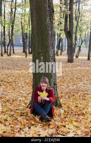 Seitenansicht einer attraktiven jungen Dame in rotem Mantel, die gelbe Ahornblätter hält, auf dem Boden in der Nähe von Holz sitzt und im Herbstwald wegschaut Stockfoto