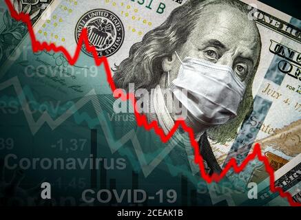 COVID-19 Auswirkungen auf das Geschäft: Dollar-Geld, Maske und Grafik der Börsenrezession während der Coronavirus-Pandemie. Wirtschaft trifft durch Corona-Virus. Global Stockfoto