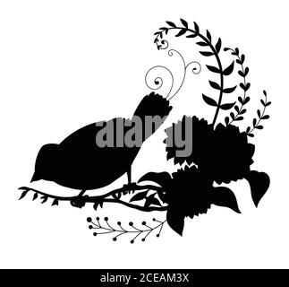 Vektor-Vorlage niedlichen kleinen Vogel und Blumen. Schwarze Silhouette Illustration isoliert auf weiß. Für Hochzeitseinladung, Design, Druck, T-Shirt, Home de Stock Vektor