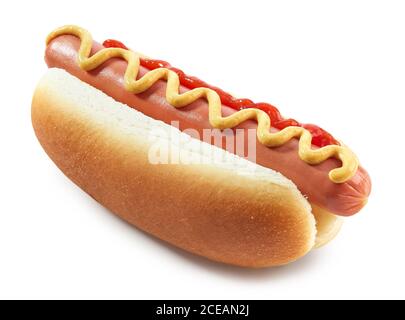 Hot Dog mit Senf und Ketchup isoliert auf weißem Hintergrund Stockfoto