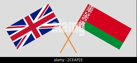 Gekreuzte Flaggen von Belarus und Großbritannien. Offizielle Farben. Korrektes Verhältnis. Vektorgrafik Stock Vektor