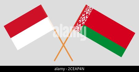 Gekreuzte Flaggen von Weißrussland und Indonesien. Offizielle Farben. Korrektes Verhältnis. Vektorgrafik Stock Vektor