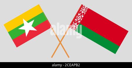 Gekreuzte Flaggen von Belarus und Myanmar. Offizielle Farben. Korrektes Verhältnis. Vektorgrafik Stock Vektor