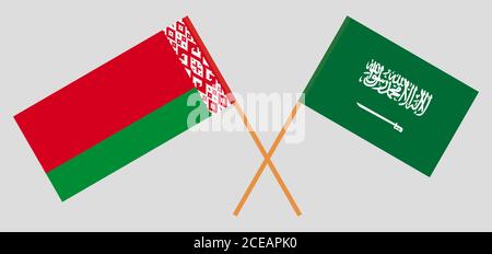 Gekreuzte Flaggen von Belarus und dem Königreich Saudi-Arabien. Offizielle Farben. Korrektes Verhältnis. Vektorgrafik Stock Vektor