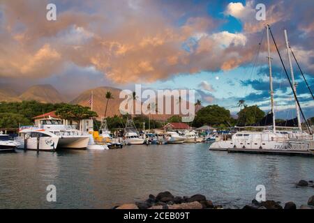 Lahaina Jachthafen mit West maui Bergen in der Ferne. Stockfoto