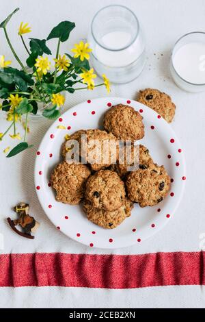 Von oben Teller mit leckeren oatmeal Cookies und Glas und Flasche frische Milch auf dem Tisch in der Nähe der Vase mit hübschen gelben Blumen Stockfoto