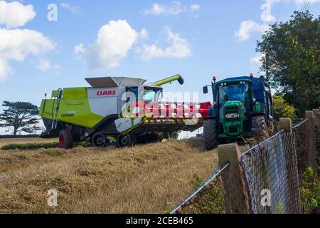 Am 31. August 2020 Entlädt Ein Claas Lexion 570 Mähdrescher Getreide in einen großen Anhänger auf einem Gerstenfeld im Bangor County Down Northern Ireland Stockfoto