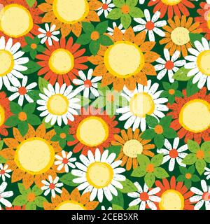 Vektor bunte überlappende strukturierte Sonnenblumen und Gänseblümchen Stift Skizze wiederholen Muster. Geeignet für Textil, Geschenkpapier und Tapeten. Stock Vektor
