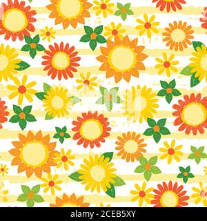 Vektor bunt gelb strukturierte Sonnenblumen und Gänseblümchen Stift Skizze wiederholen Muster mit Streifen. Geeignet für Textil, Geschenkpapier und Tapeten. Stock Vektor