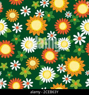 Vektor bunte dunkelgrün strukturierte Sonnenblumen und Gänseblümchen Stift Skizze wiederholen Muster. Geeignet für Textil, Geschenkpapier und Tapeten. Stock Vektor