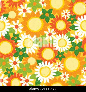 Vektor bunte überlappende strukturierte Sonnenblumen und Gänseblümchen Stift Skizze wiederholen Muster mit gelbem Hintergrund. Geeignet für Textil, Geschenkverpackung und Stock Vektor