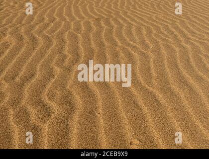 Der Wüstenboden spiegelt eine Geschichte von saisonalen Regenfällen und Wind, die den Sand bewegen, und schafft wunderschöne abstrakte Muster wie diese Sandkräuseln Stockfoto