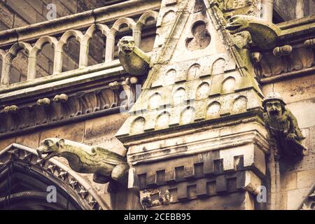 Nahaufnahme der Fassade von Notre Dame de Paris Mit Statuen von fiktiven Kreaturen Stockfoto