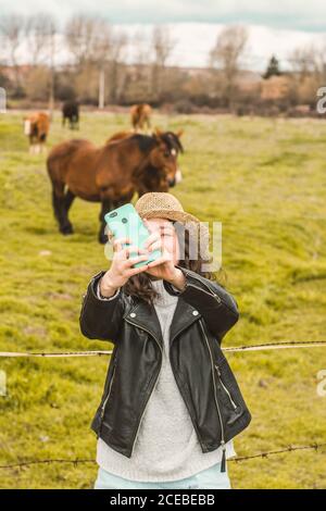 Frau, die Selfie mit Pferden im Feld Stockfoto