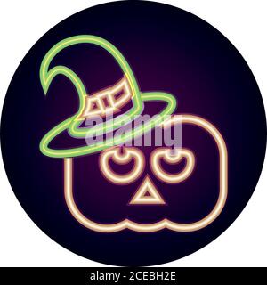 Happy halloween, Kürbis mit Hut Trick oder zu behandeln Party Feier Neon Icon Stil Vektor Illustration Stock Vektor
