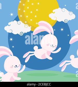 Happy Mitte Herbst Festival, springen Kaninchen Vollmond Wolken Himmel Cartoon, Segen und Glück Vektor Illustration Stock Vektor