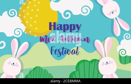 Happy Mitte Herbst Festival, niedlichen Kaninchen Landschaft Natur, Segen und Glück Vektor Illustration Stock Vektor