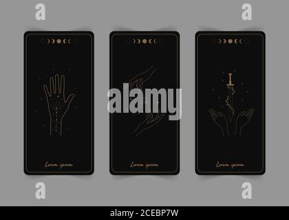 Magische Tarot-Karten. Die Rückseite. Magie und Esoterik. Tarot Vektor-Illustration im Boho-Stil mit mystischen Symbolen, Kristallen und Linienkunststernen Stock Vektor