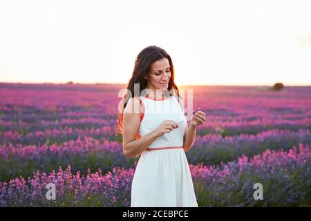 Lächelnde junge Frau, die Blume zwischen violettem Lavendelfeld zeigt Stockfoto