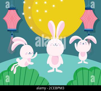 Happy Mitte Herbst Festival, niedlichen Kaninchen Vollmond Laternen Natur, Segen und Glück Vektor Illustration Stock Vektor