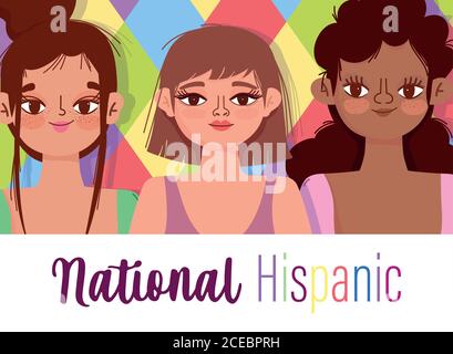 Nationale hispanische Erbe Monat, glücklich junge Frauen Cartoon, Farbe Hintergrund Vektor Illustration Stock Vektor