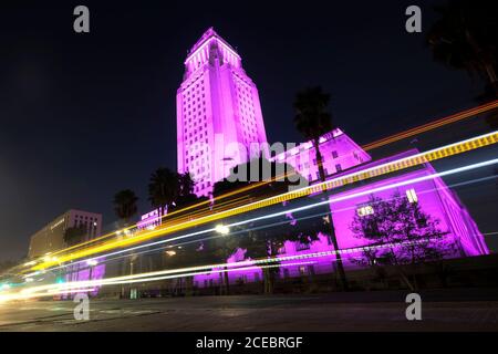 Los Angeles, Kalifornien, USA. August 2020. Das Rathaus von Los Angeles leuchtet lila auf, um den International Overdose Awareness Day zu würdigen, eine globale Veranstaltung, die jedes Jahr am 31. August in Los Angeles am 31. August 2020 stattfindet, um das Bewusstsein für Überdosierung zu schärfen und das Stigma drogenbedingter Todesfälle zu reduzieren. Kredit: Ringo Chiu/ZUMA Wire/Alamy Live Nachrichten Stockfoto