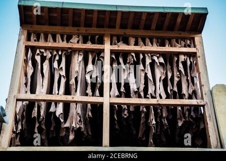 Von unten abstraktes Grunge-Material, das im Bau auf der Straße in Marrakesch, Marokko, hängt Stockfoto