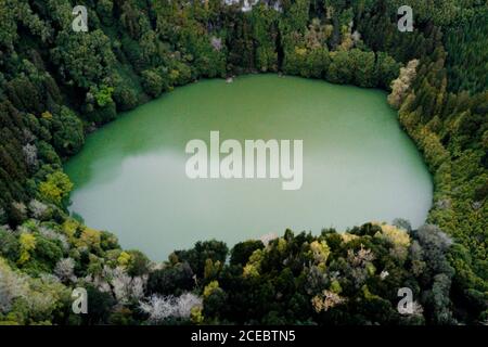 Luftaufnahme des grünlichen kreisförmigen Sees mit trübem Wasser umgeben Durch Hügel mit ausuferndem Wald Stockfoto