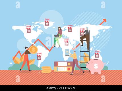 Franchise-Geschäft Zeichen auf Weltkarte, Menschen mit Geld, Handy, Laptop, flache Vektor-Illustration. Stock Vektor
