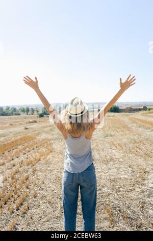 Eine junge Frau, die mitten in einem Sommerfeld die Arme hebt Stockfoto