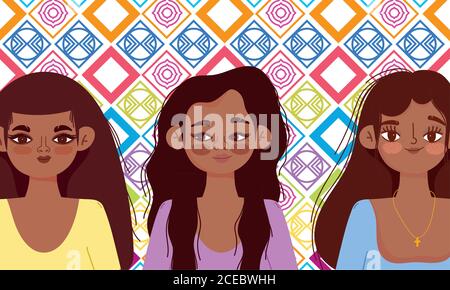 Nationale hispanische Erbe Monat, drei Frauen Cartoon, dekorative Hintergrund Farbe Vektor Illustration Stock Vektor