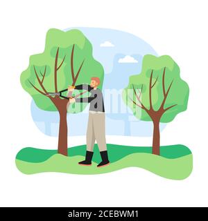Junger Mann, Gärtner Baum durch Schneiden weg tote Äste mit Beschneidung, flache Vektor-Illustration Stock Vektor