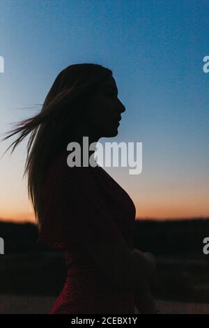 Seitenansicht der jungen schlanken Dame in roten Kleid Kreuzung Hände und Blick weg auf den Sonnenuntergang Stockfoto