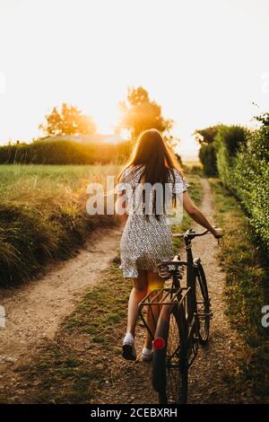 Rückansicht einer hübschen Frau, die Fahrrad trägt und auf einer Landstraße mit Hintergrundbeleuchtung läuft Stockfoto