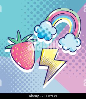 Pop Art Cartoon, Regenbogen Erdbeere Thunderbolt Comic Halbton Design Vektor Illustration Stock Vektor